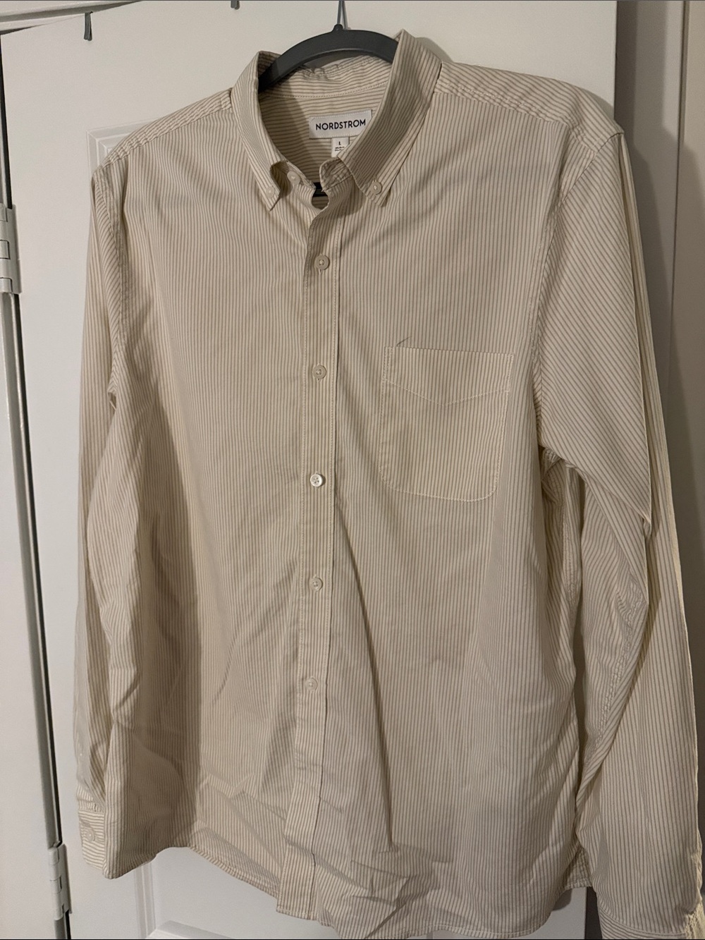 Nordstrom Men’s Button-Down Shirt — Beige Pinstripe - Size L
